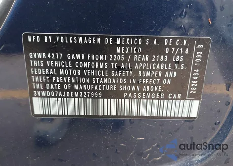 2014 Volkswagen Jetta 1.8T Se z USA, uszkodzony, nr VIN 3VWD07AJ0EM327999